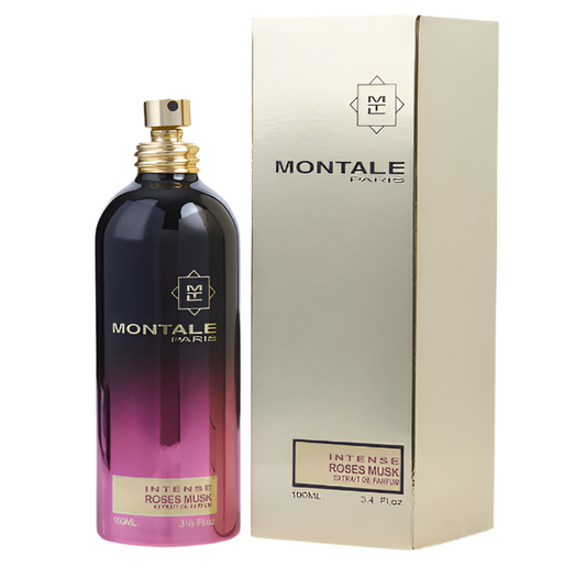 Intense Roses Musk By Montale bottle with box on a plain background