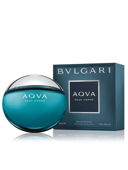 Bvlgari Aqva Pour Homme bottle photographed beside its box