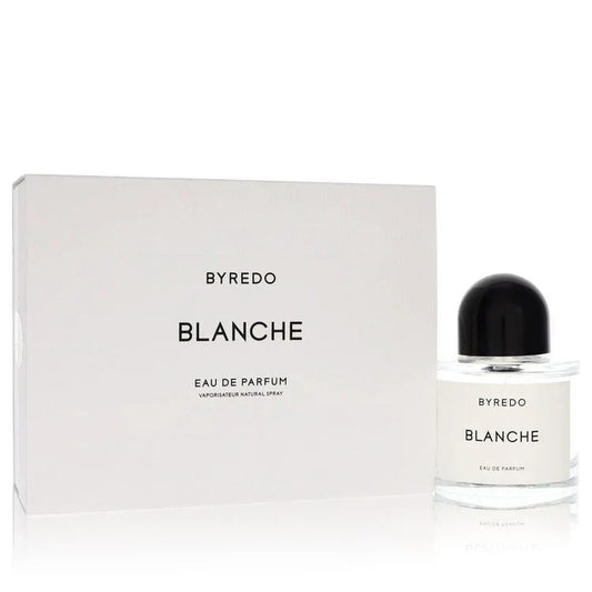 Bottle of Byredo Blanche shown next to its packaging