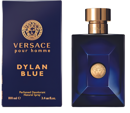 Versace Pour Homme Dylan Blue By Versace bottle photographed beside its box