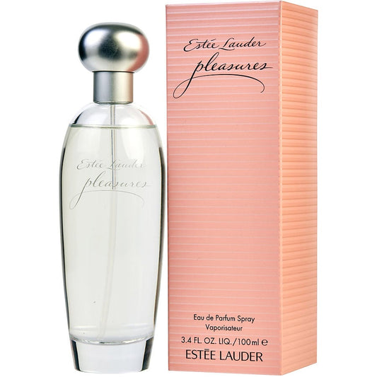 Bottle of Estée Lauder Pleasures shown next to its packaging