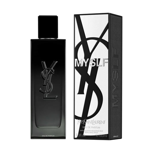 Bottle of MYSLF Yves Saint Laurent EDP Eau de Parfum shown next to its packaging
