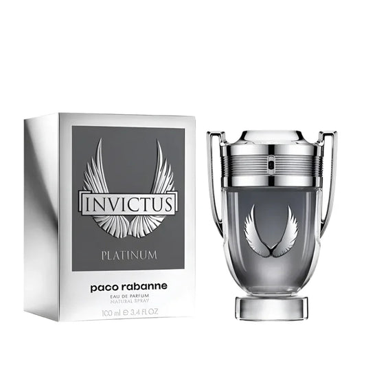 Invictus Platinum By Paco Rabanne bottle photographed beside its box