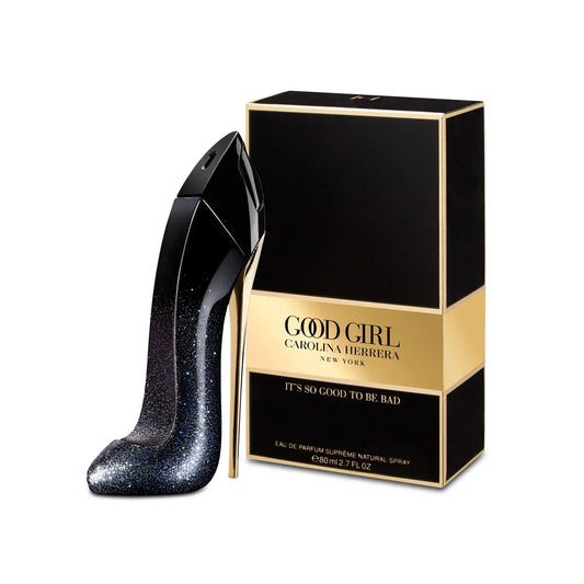 Bottle of Carolina Herrera Good Girl Suprême shown next to its packaging