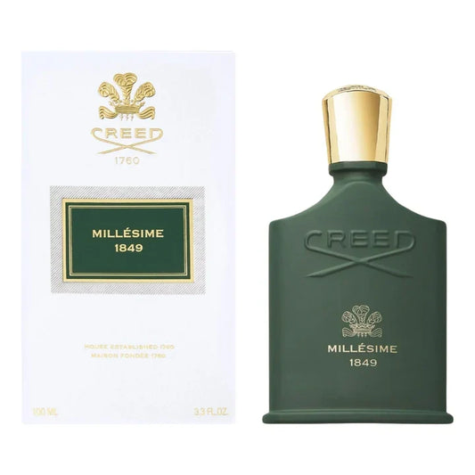Creed Millésime 1849 bottle with box on a plain background
