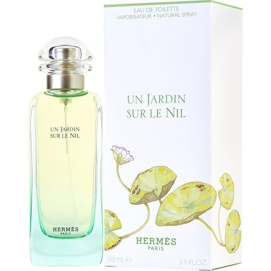 Hermès Un Jardin Sur Le Nil bottle with box on a plain background