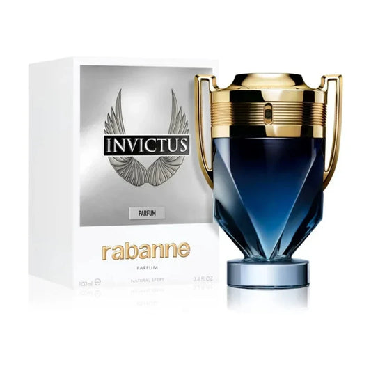 Bottle of Invictus Parfum By Rabanne shown next to its packaging