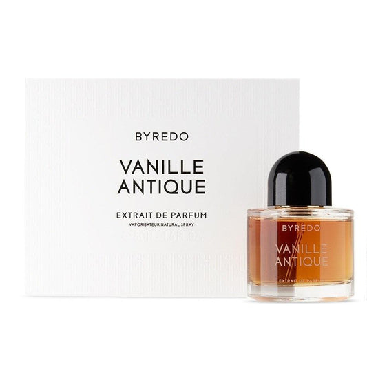 Bottle of Byredo Vanille Antique shown next to its packaging