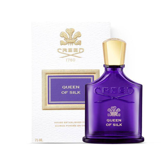 Bottle of Creed Queen Of Silk shown next to its packaging