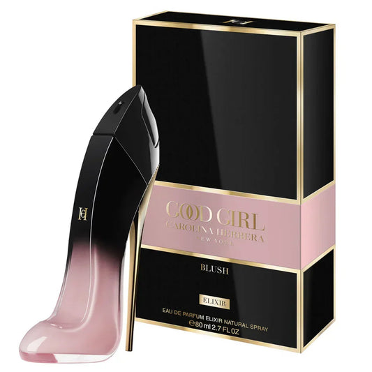 Carolina Herrera Good Girl Blush Elixir Eau de Parfum bottle with box on a plain background