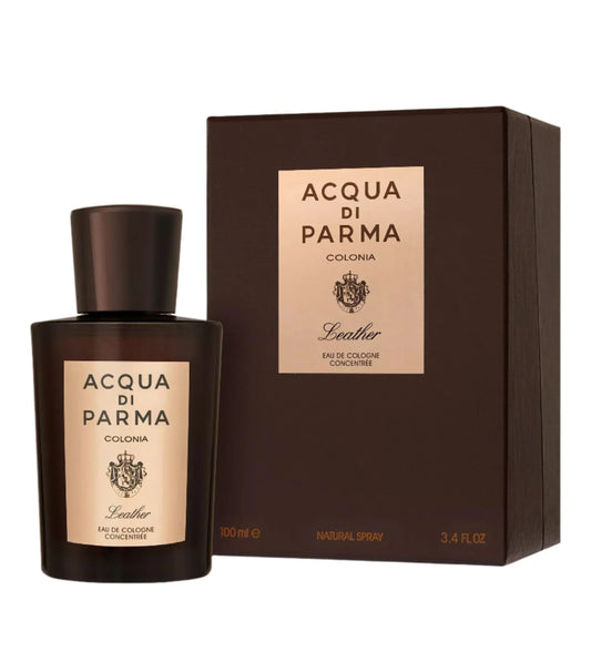 Acqua di Parma Colonia Leather Eau de Cologne Concentrée bottle with box on a plain background