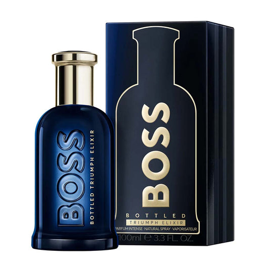 Bottle of Hugo Boss Bottled Triumph Elixir shown next to its packaging