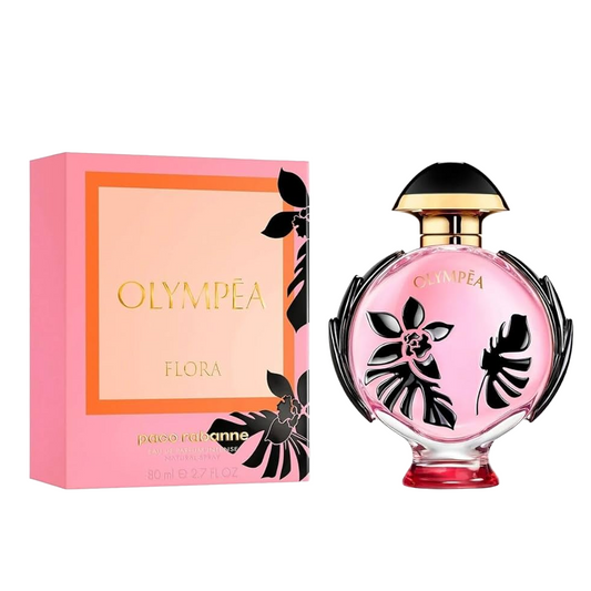 Olympéa Flora By Paco Rabanne bottle with box on a plain background
