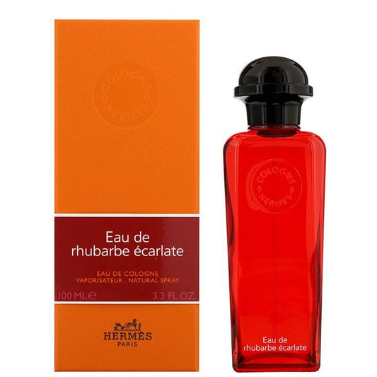 Hermès Eau de Rhubarbe Écarlate bottle with box on a plain background
