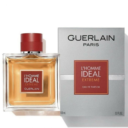 Bottle of Guerlain L'Homme Idéal Extrême shown next to its packaging