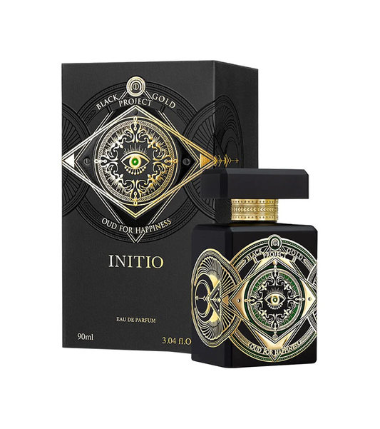 Bottle of Oud for Happiness By Initio shown next to its packaging