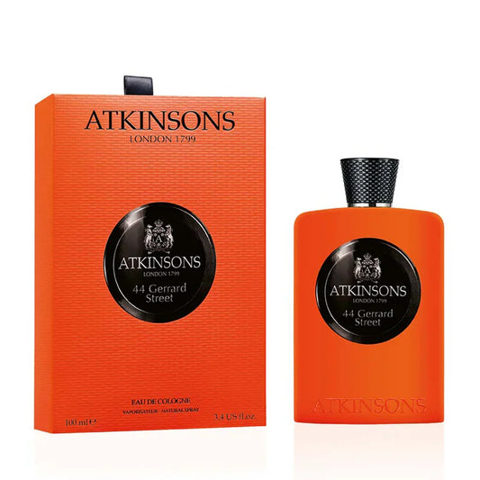Atkinsons 44 Gerrard Street bottle with box on a plain background