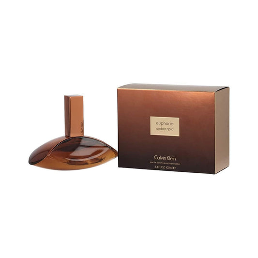 Bottle of Calvin Klein Euphoria Amber Gold shown next to its packaging
