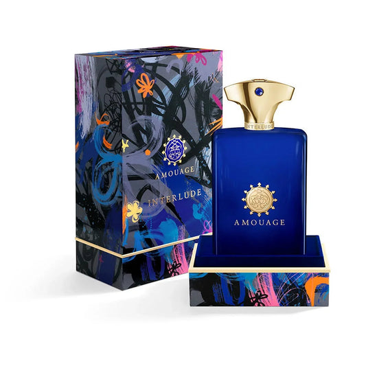 Amouage Interlude bottle with box on a plain background