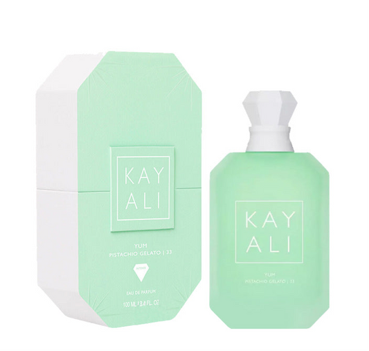 Kayali Yum Pistachio Gelato 33 fragrance bottle and outer packaging