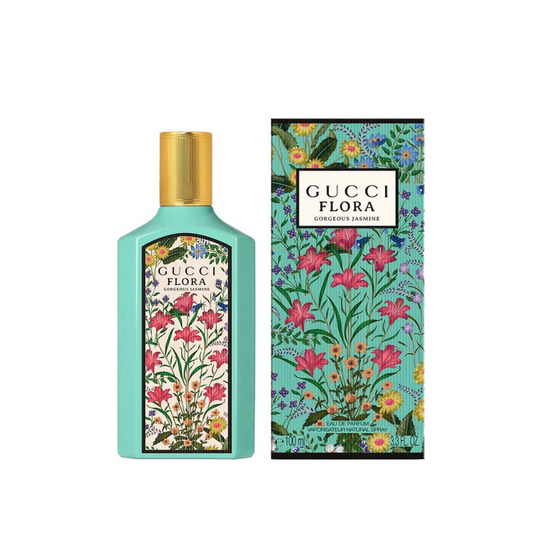Gucci Flora Gorgeous Jasmine bottle photographed beside its box
