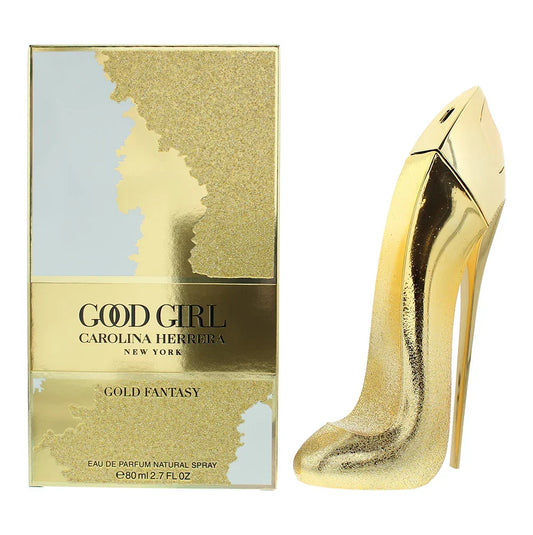 Bottle of Carolina Herrera Good Girl Gold Fantasy shown next to its packaging