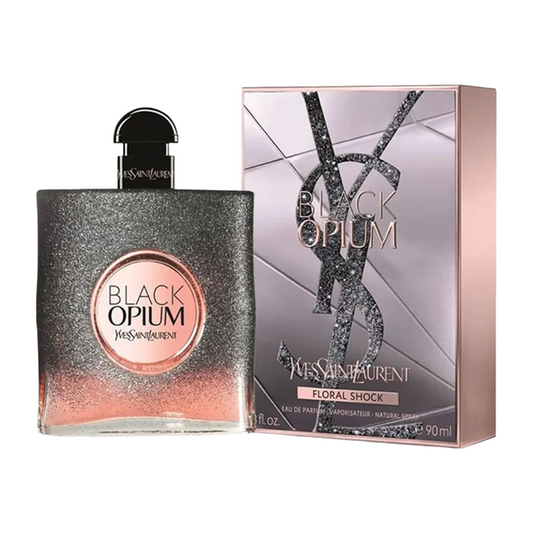 Black Opium Floral Shock By Yves Saint Laurent bottle with box on a plain background