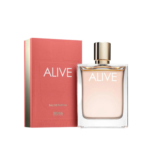 Hugo Boss Alive Eau de Parfum bottle photographed beside its box