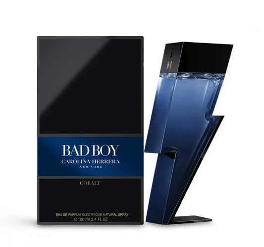 Bottle of Carolina Herrera Bad Boy Cobalt Parfum Electrique shown next to its packaging