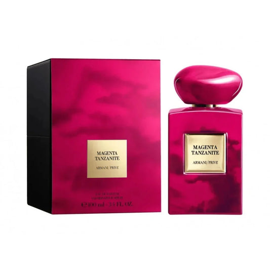 Giorgio Armani Magenta Tanzanite bottle with box on a plain background