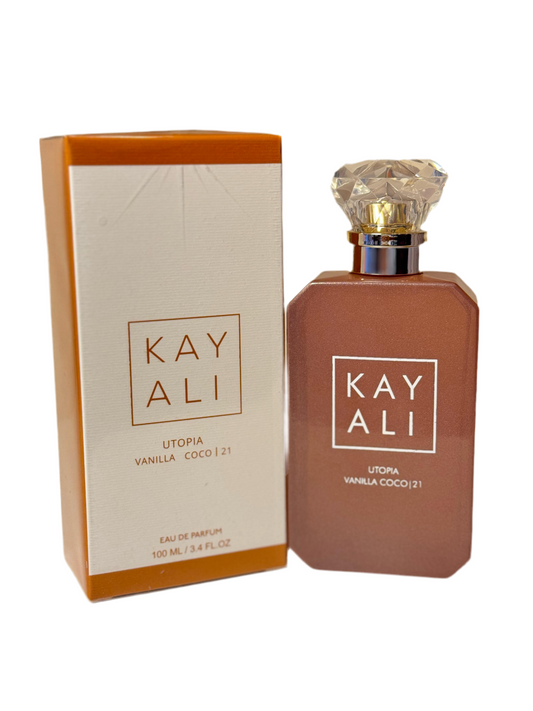 Kayali Utopia Vanilla Coco 21 bottle photographed beside its box