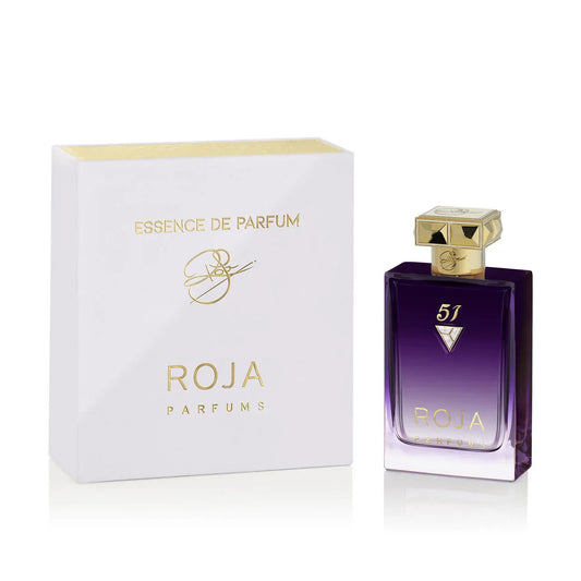 Bottle of Essence De Parfum By Roja shown next to its packaging