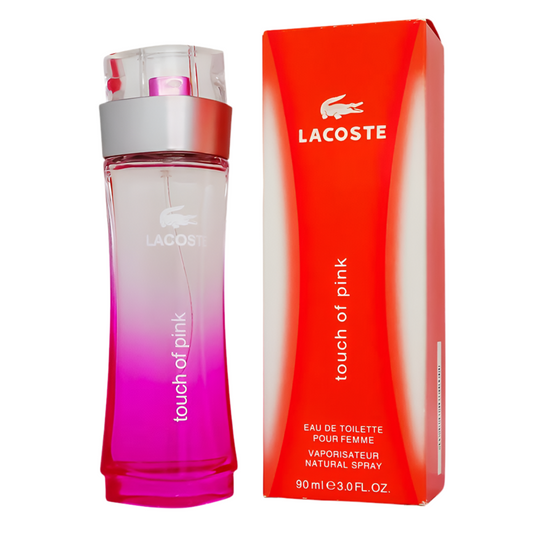 Bottle of Touch of Pink By Lacoste shown next to its packaging