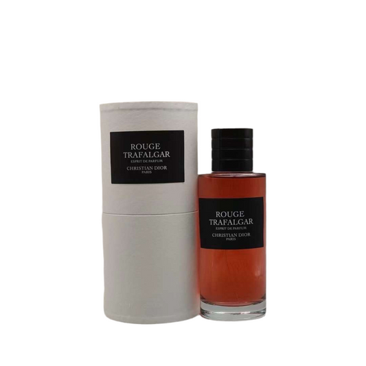 Dior Rouge Trafalgar bottle with box on a plain background