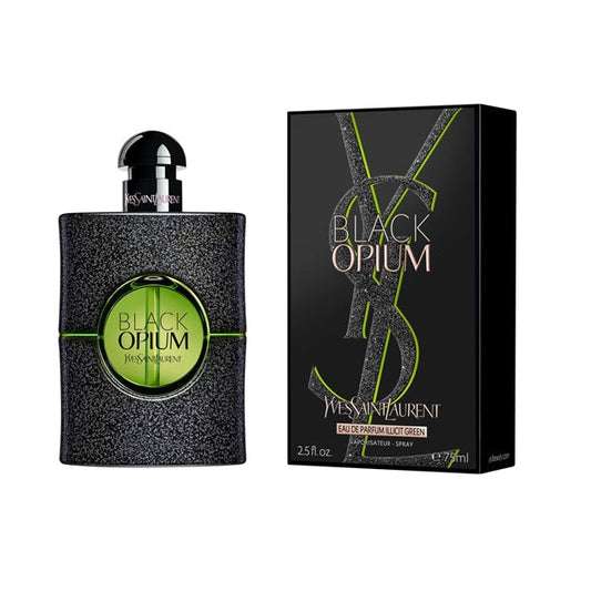 Black Opium Illicit Green bottle photographed beside its box