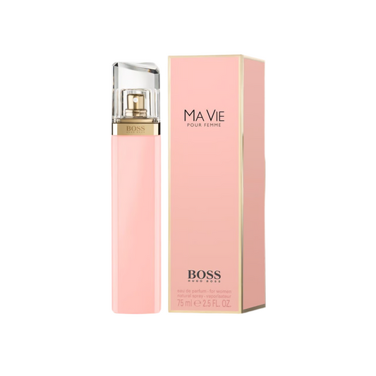 Hugo Boss Ma Vie Pour Femme bottle with box on a plain background