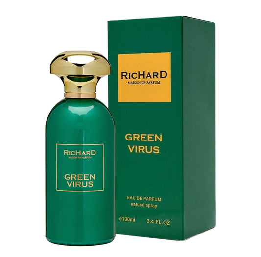 Green Virus By Richard bottle with box on a plain background