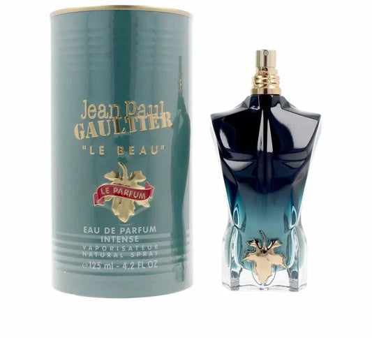 Bottle of Jean Paul Gaultier Le Beau Eau de Parfum Intense shown next to its packaging
