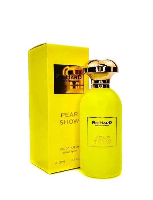 Bottle of Pear Show By Richard shown next to its packaging