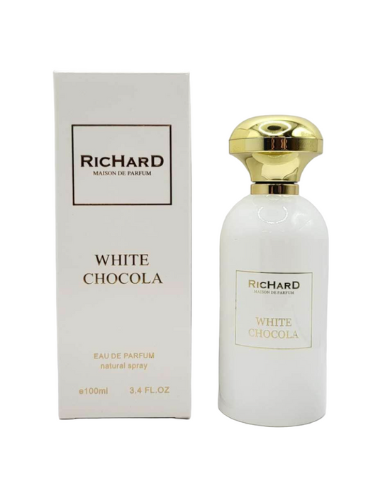 Bottle of White Chocola By Richard shown next to its packaging