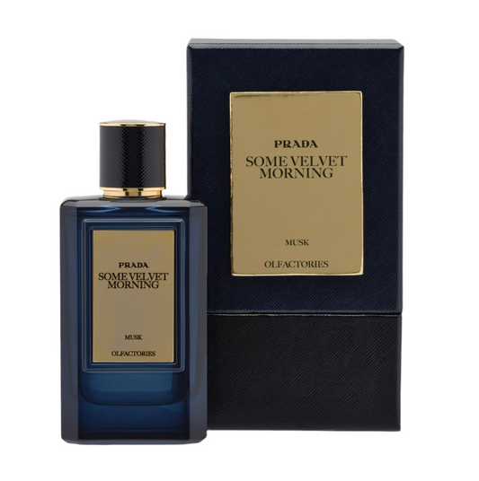 Mirages Some Velvet Morning Musk By Prada bottle photographed beside its box