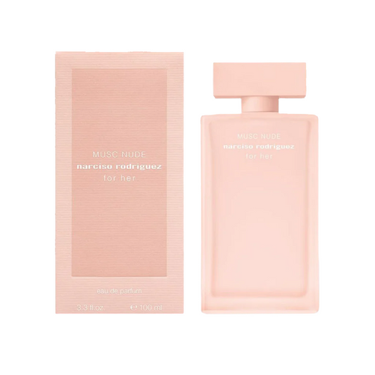 Narciso Rodriguez For Her Musc Nude By Narciso Rodriguez bottle with box on a plain background