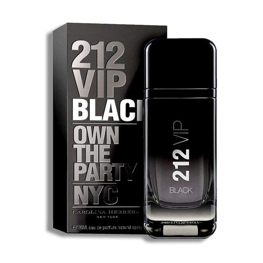 Carolina Herrera 212 Black Own the Party NYC Eau de Parfum bottle with box on a plain background