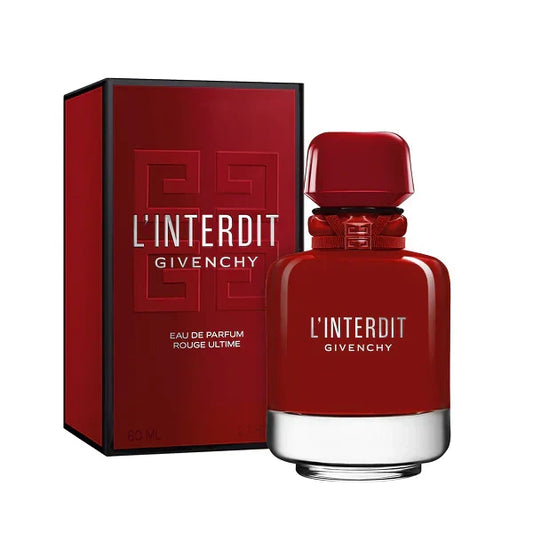 Givenchy L'Interdit Eau de Parfum Rouge Ultime bottle photographed beside its box
