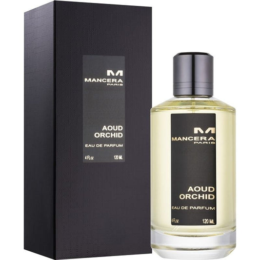 Aoud Orchid By Mancera bottle photographed beside its box