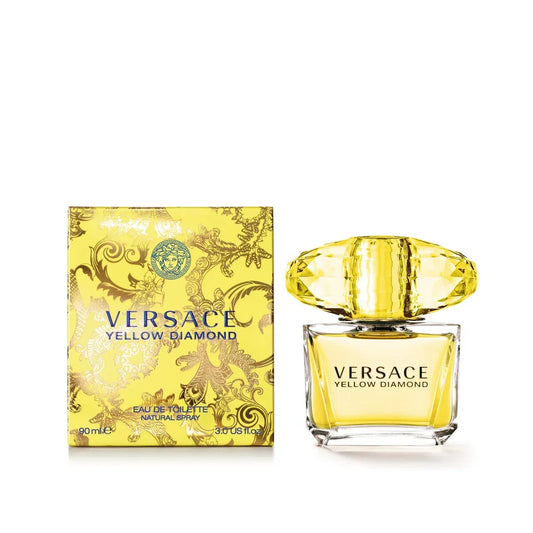 Yellow Diamond By Versace bottle with box on a plain background