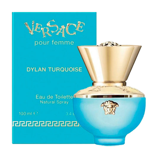 Bottle of Pour Femme Dylan Turquoise By Versace shown next to its packaging