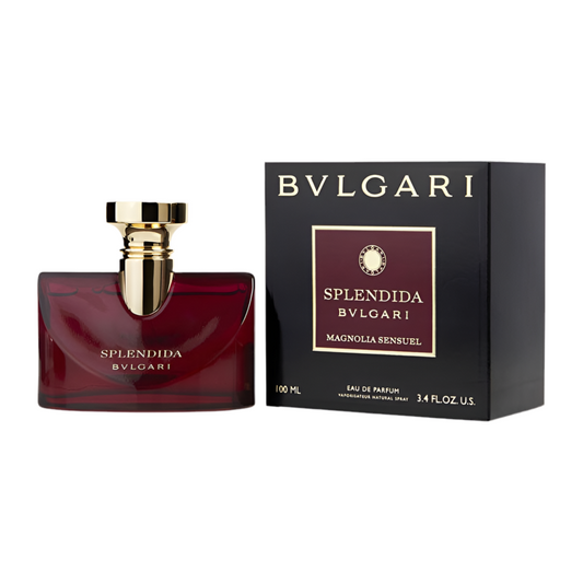Bvlgari Splendida Magnolia Sensuel bottle photographed beside its box