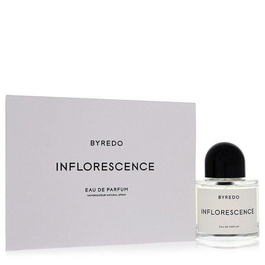 Bottle of Byredo Inflorescence shown next to its packaging