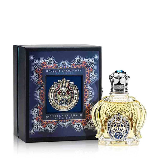 Designer Shaik Opulent Shaik Classic No.77 Parfum bottle photographed beside its box